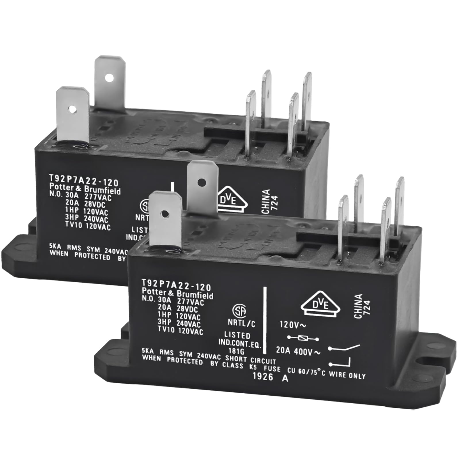 2Pcs T92P7A22-120 Power Relay, DPST-NO (2 Form A) - 120VAC, 30A 6-Pins General Purpose Relay Replace Part 10459304