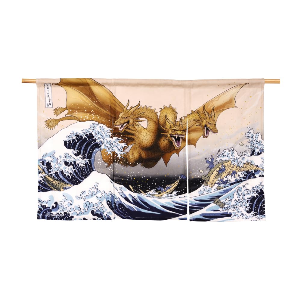 Godzilla(ゴジラ) Ecru Godzilla King Ghidorah Japanese Shop Curtain Thirty-Six Views Of Mt. Fuji Hokusai