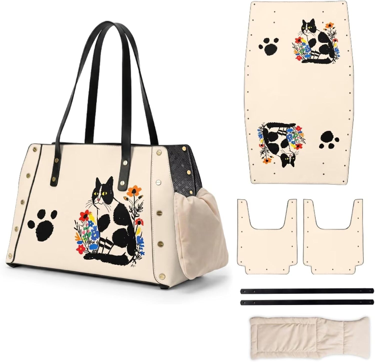 Leather Pet Carrier for Small Cats Dogs Floral Dog Soft Sided Carrier Waterproof Cat Bag Removable Cat Travel Bag for Outdoor Shopping
