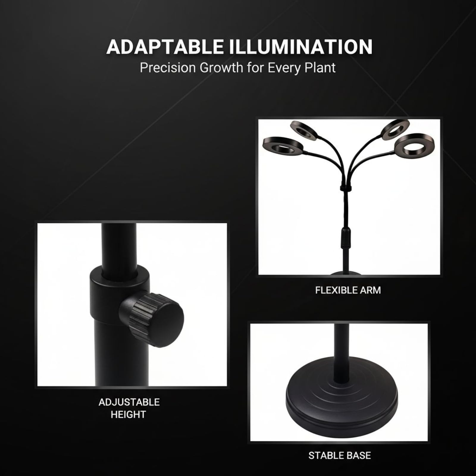 Lampa do uprawy z czterema głowicami LED Halo, 72 diody LED o pełnym spektrum, timer 3/9/12H, 9-stopniowe ściemnianie, 3 tryby, regulowana wysokość lampy z aluminiowym korpusem do sadzonek