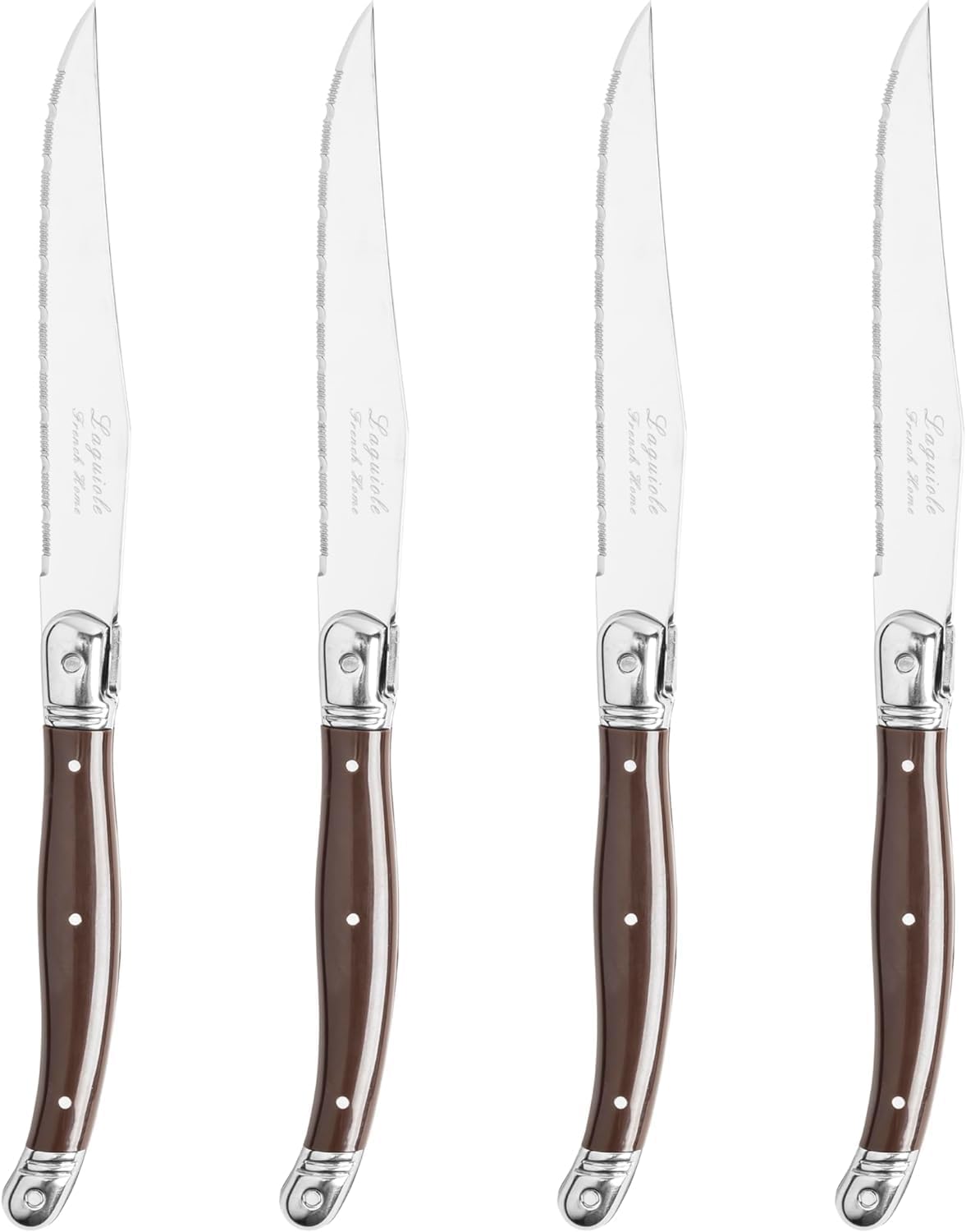 French Home Laguiole 4-Piece Steak Knife Set – Sophisticated Stainless Steel Dinner Knives with Chocolate Brown Handles & Iconic Bee Emblem – Serrated Knives for Smooth Cutting (9.25")