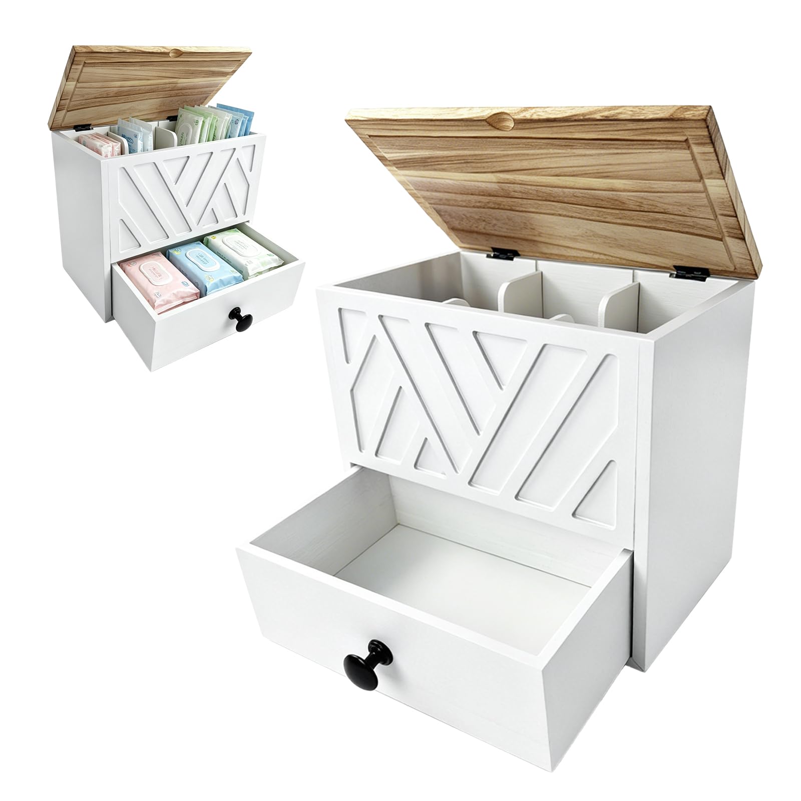 Tampon Aufbewahrung, 3 Fächer Binden Aufbewahrung Slipeinlagen Box Badezimmer Organizer mit Schubladen und Deckel Vielseitige Holz Aufbewahrungsbox für Wattepads Wattestäbchen Tampons und Binden