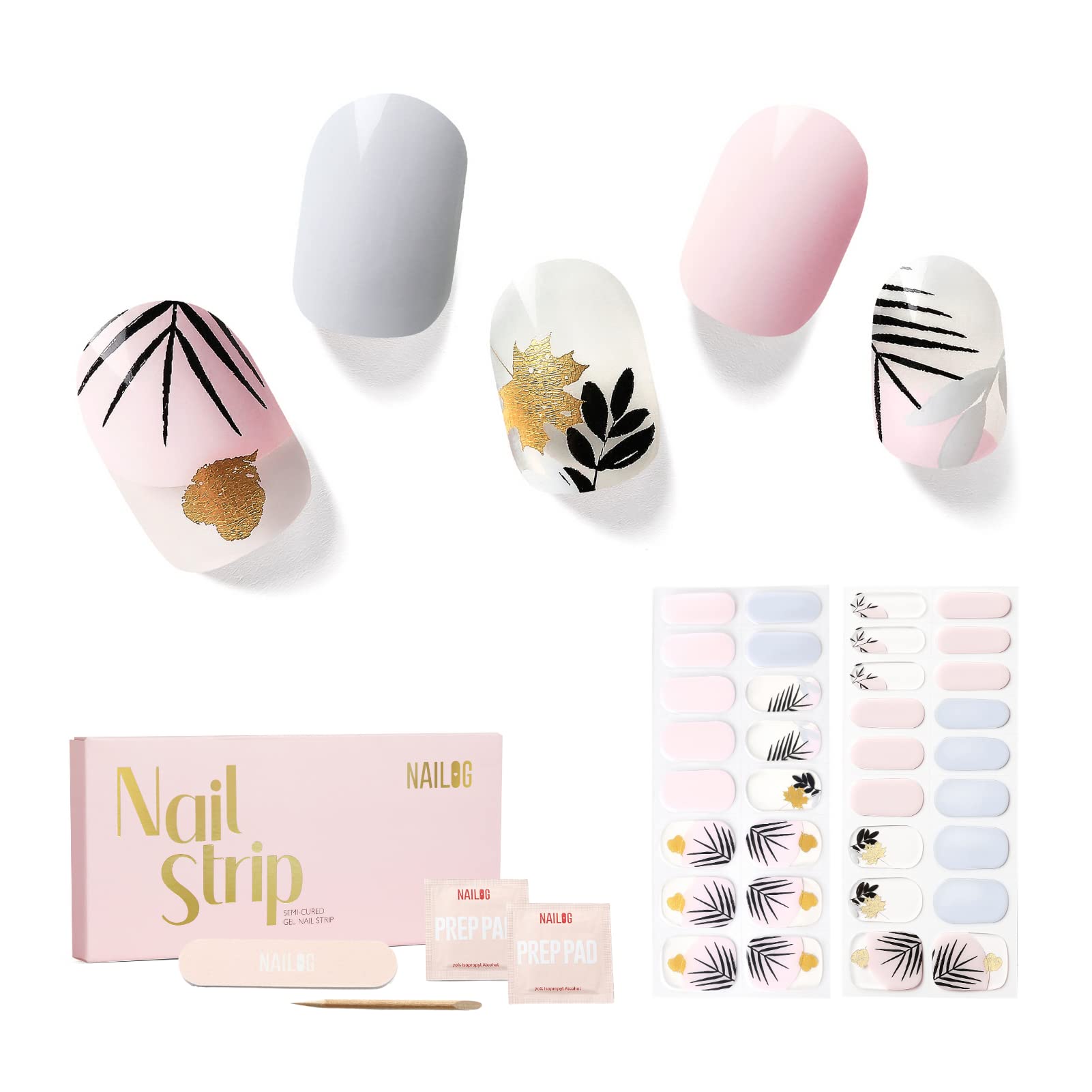 NAILOG Semi Cured Gel Nail Strips, 34 pcs Salon-Quality Gel Nail Stickers, Long Lasting Nail Wraps for Women with Soft Gel Finish | The Oriental