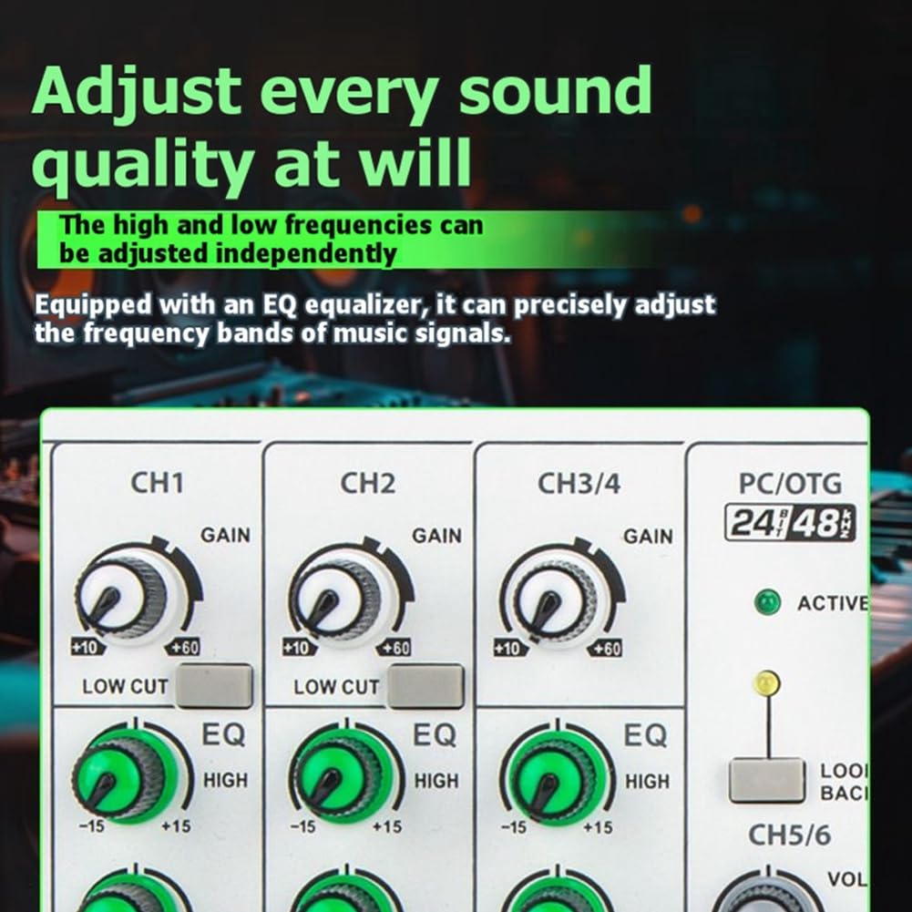 Mezclador de Audio OTG de 6 Canales con Conexión Bluetooth y USB, Transmisión en, Grabación, Ajuste de Frecuencia Alta y Baja de 48V.