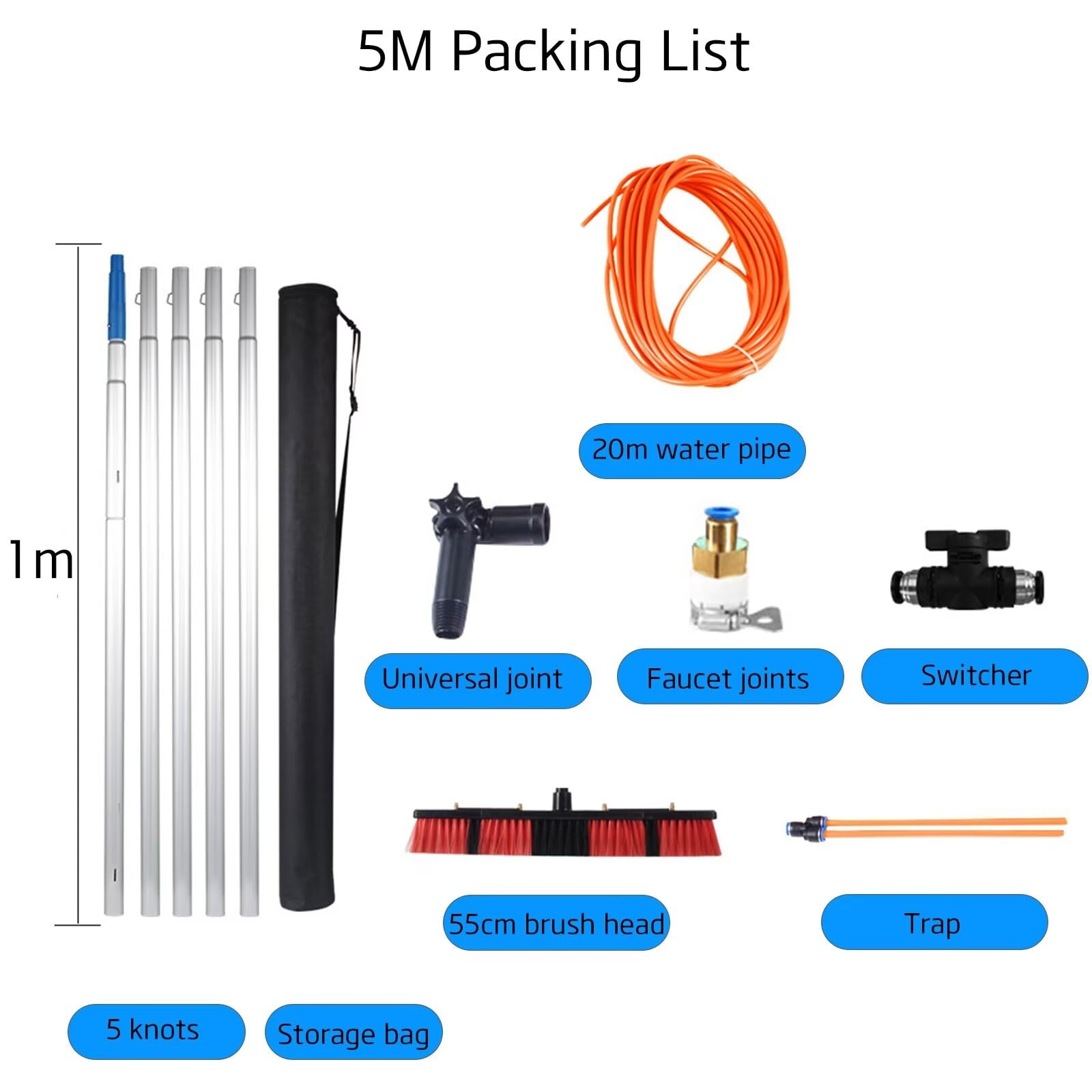Kit con Spazzola e Asta Regolabili per la Pulizia di Pannelli solari, Sistema di Pulizia per finestre con Alimentazione ad Acqua da 5 m per Una Manutenzione efficiente dei Pannelli solari.
