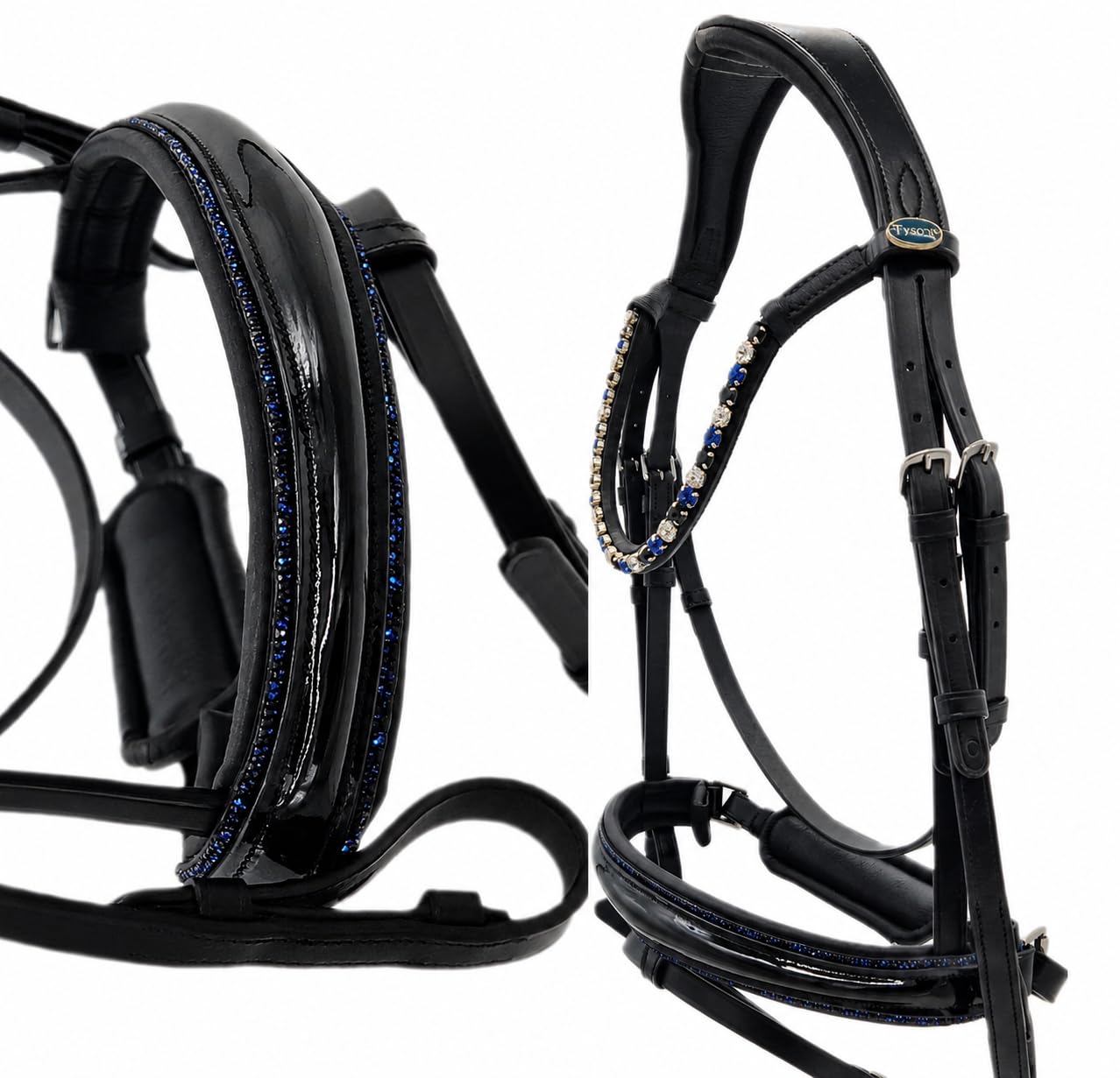 Blue Trense ergonomisch Lack Glitzer auch auf Nasenriemen incl. Zügel Schwarz weiches Leder VB WB X Full Tysons (WB)