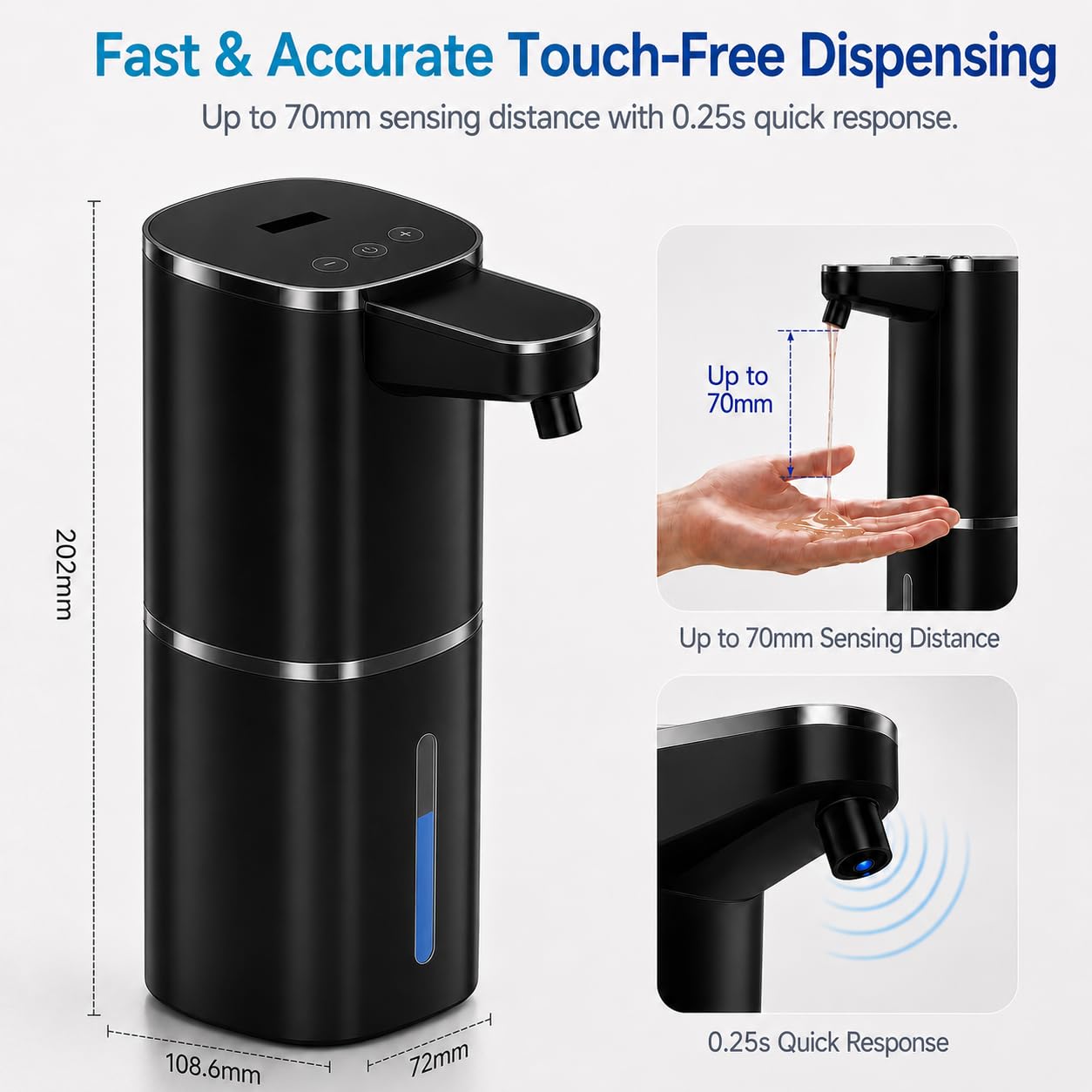 Dispensador automático de jabón líquido, 9 niveles ajustables, 380 ml, dispensador de jabón de manos o jabón para platos, sensor IR y pantalla, montaje en pared o mesa para baño, cocina (negro)