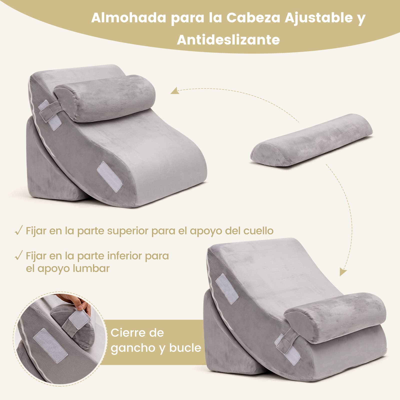 COSTWAY Almohada de Cuña para la Cama de 4 Piezas, Juego de Almohadas Postquirúrgicas de Espuma de Memoria para Aliviar el Dolor de Espalda, Cuello y Piernas, Almohada de Soporte de Espalda Ajustable