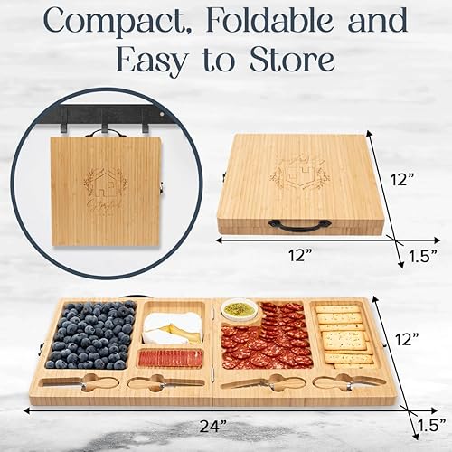 Miniatura 2 de Tabla de charcutería Tabla grande de queso de bambú con juego de cuchillos magnéticos Plato de queso de madera Tabla de charcutería plegable para