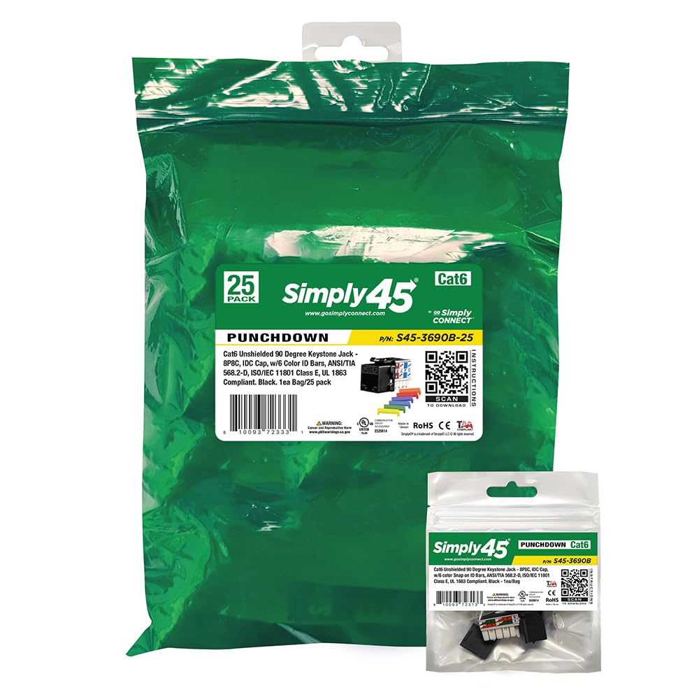 Amazon.com: Simply45 Cat6 UTP 90-degree Keystone with 6-Color Snap