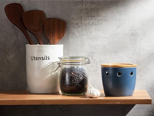 Miniatura 5 de ONEMORE Garlic Keeper grande con tapa, protector de ajo de cerámica de 5 pulgadas, para mostrador, color azul
