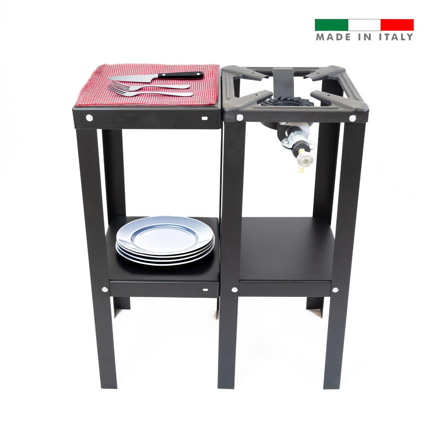 MOHOME Fornellone a Gas Esterno Premium Quality Made in Italy Ferro Resistente Portatile 30 x 60 x 80 cm Bruciatore Ghisa Regolatore 4 Piedi con Banchetto Supporto Pentole Campeggio Pic Nic Outdoor