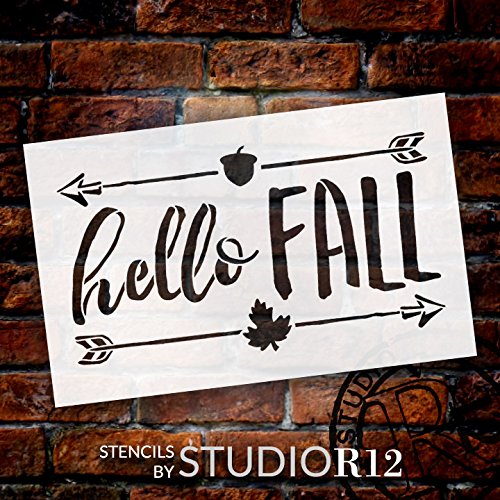 Hello Fall Stencil With Leaf Acorn Arrow By Studior12 | Reusable Mylar Template | Paint Wood Signs - Journal - Scrapbook | Craft Country Style Diy Rustic Home Decor | Choose Size (8" X 5") #TOP1