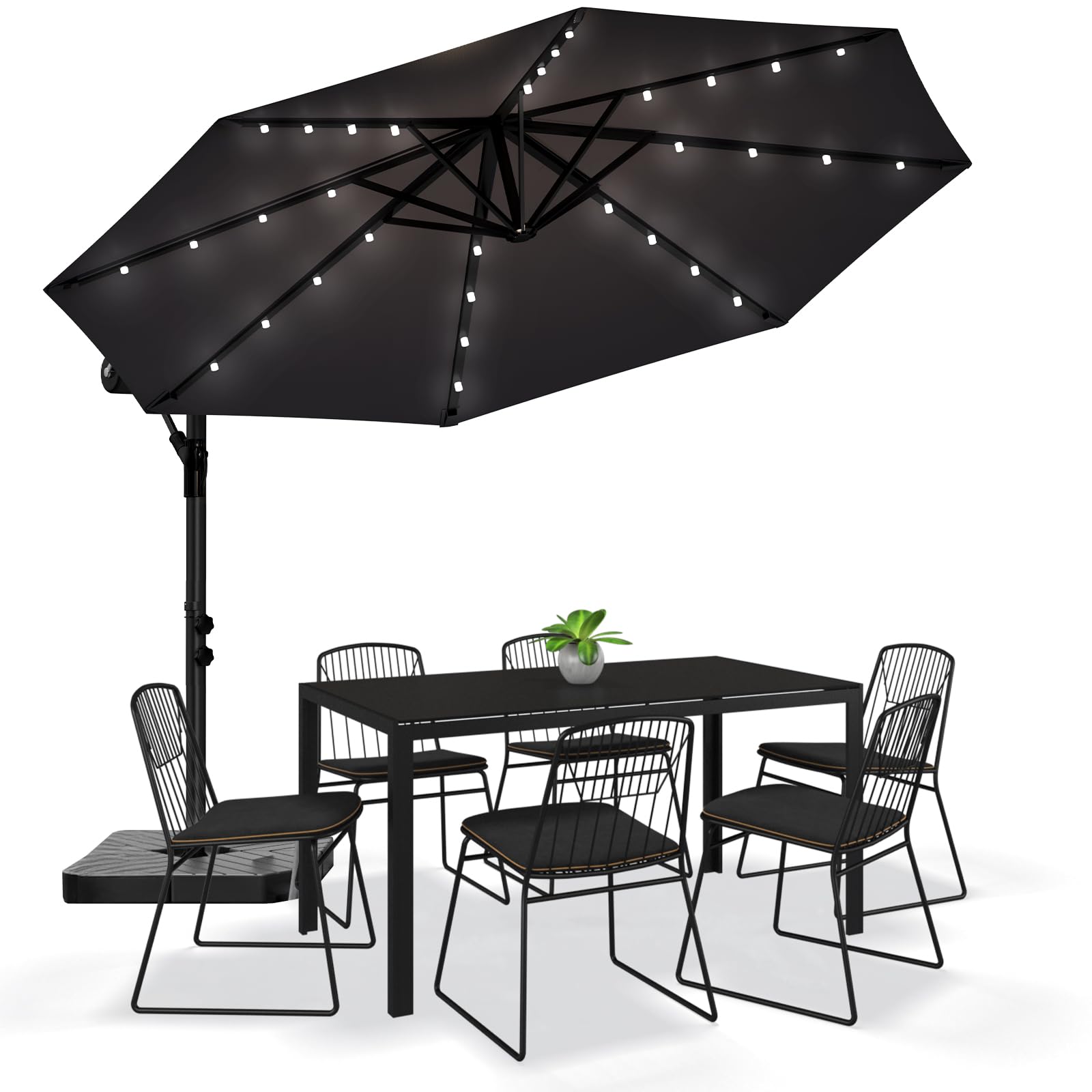 Soontrans Sonnenschirm, Tagsüber Schatten Abends Strahlen, 32 LEDs Solar Alu Ampelschirm Stufenlos Neigbar & mit Ständer & Belüftungsventil & Kurbelsystem, UV-Schutz Wasserdicht