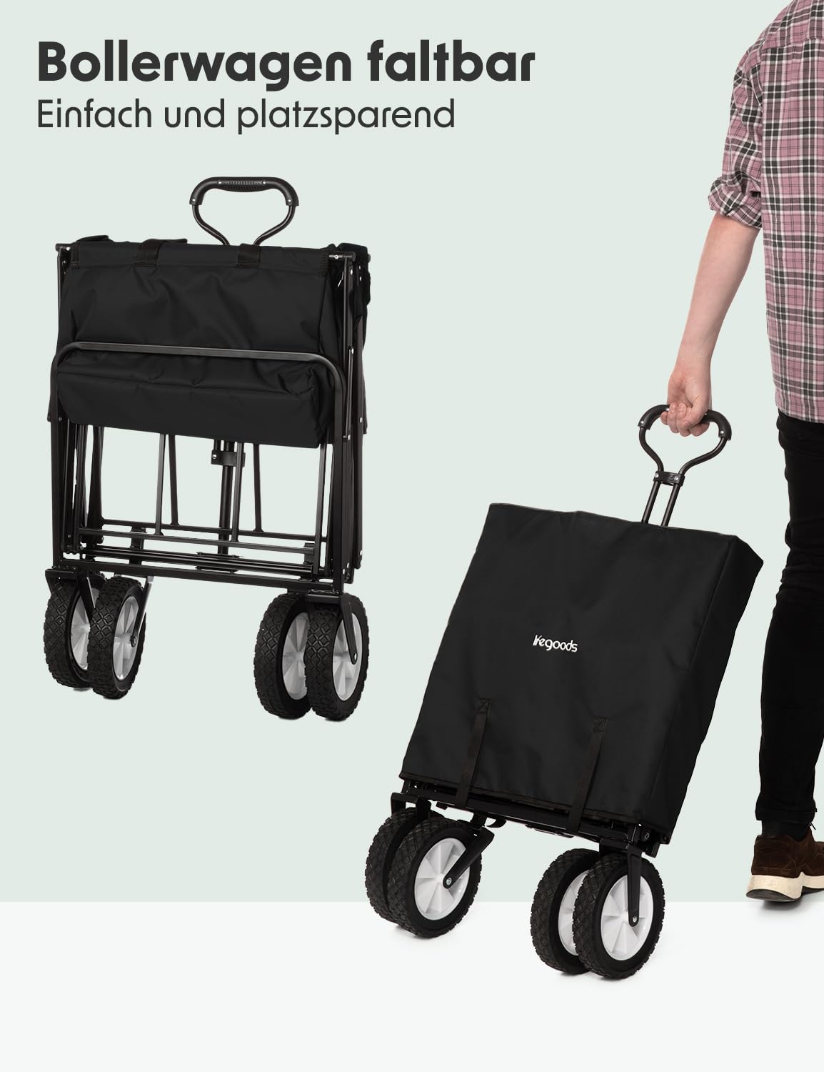 LifeGoods Bollerwagen Faltbar - Faltbarer Bollerwagen - Handwagen Klapbarr - Gartenwagen - Transportwagen - Strandwagen - Strand - Klappbarer – 360 Grad Drehbare Vollgummireifen 94L– 98x45cm - Schwarz