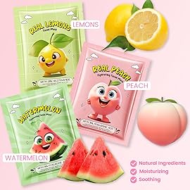 Kaely 6 Pack Fruit Face Masks for Kids, Kids Face Mask Spa Day Kit Supplies, Spa Party Favors for Teens Girls Women, Sheet Facial Mask Skincare Gifts Set, Moisturize Soothe for All Skin Types, 03