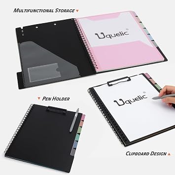 Uquelic Clipboard Folder A4 with Storage, 6 Double-Sided Half Pockets Project Organizer with Zipper Pouch, Plastic Clipboard Folio for Office, School, Macaron Color