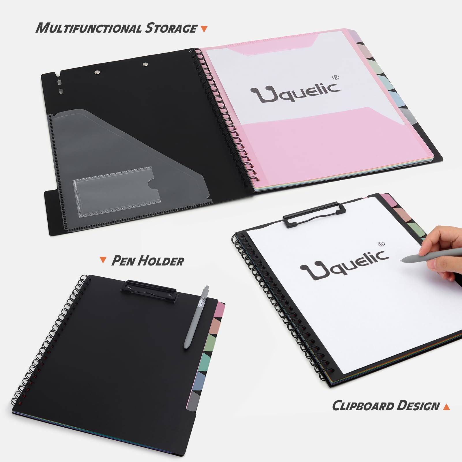 Uquelic Clipboard Folder A4 with Storage, 6 Double-Sided Half Pockets Project Organizer with Zipper Pouch - Image 2