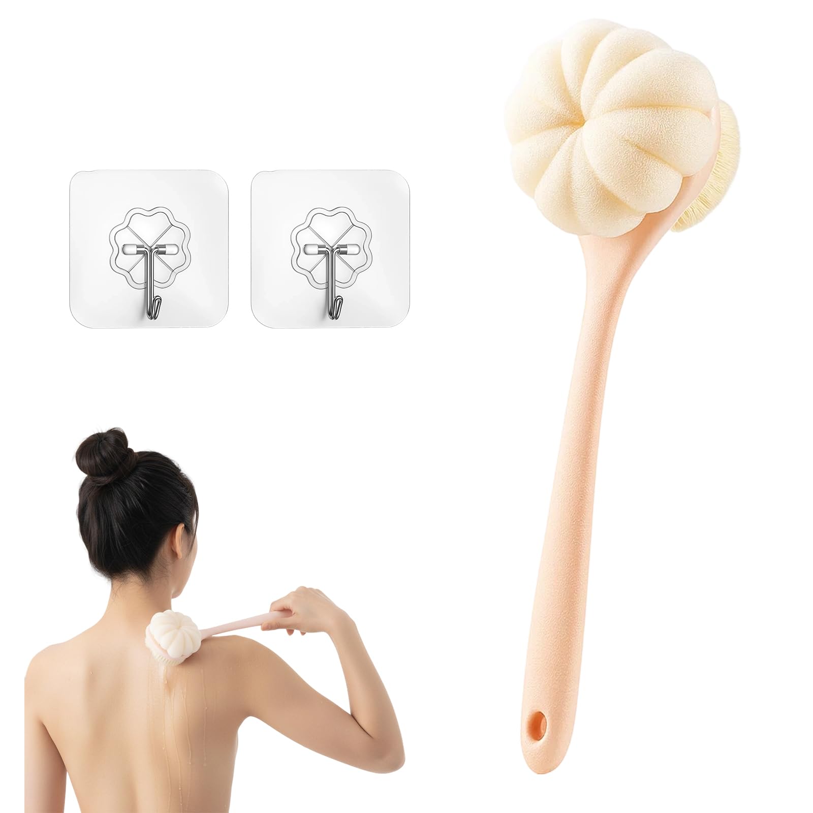Back Scrubber for Shower, Loofah with Handle and 2 Hooks, Pink Shower Brush for Body, Long Handle Back Brush for Women and Men