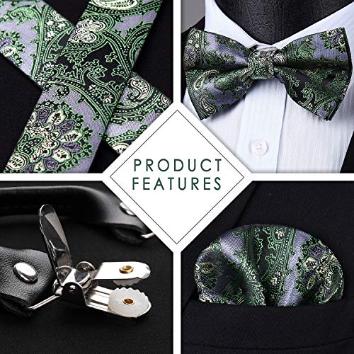 Image of HISDERN Suspenders for Men Paisley Floral Bow tie Suspender Pocket Square Sets Adjustable Y Shape 6 Clips Wedding Braces