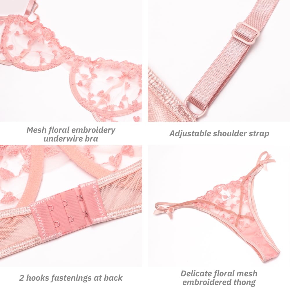 Conjunto de lencería Sexy de 2 Piezas para Mujer con Bordado Floral de corazón, Sujetador con Aros de Media Copa y Tanga, Sujetador Transparente de Malla para Mujer, Tanga a Juego, Bragas, Conjuntos