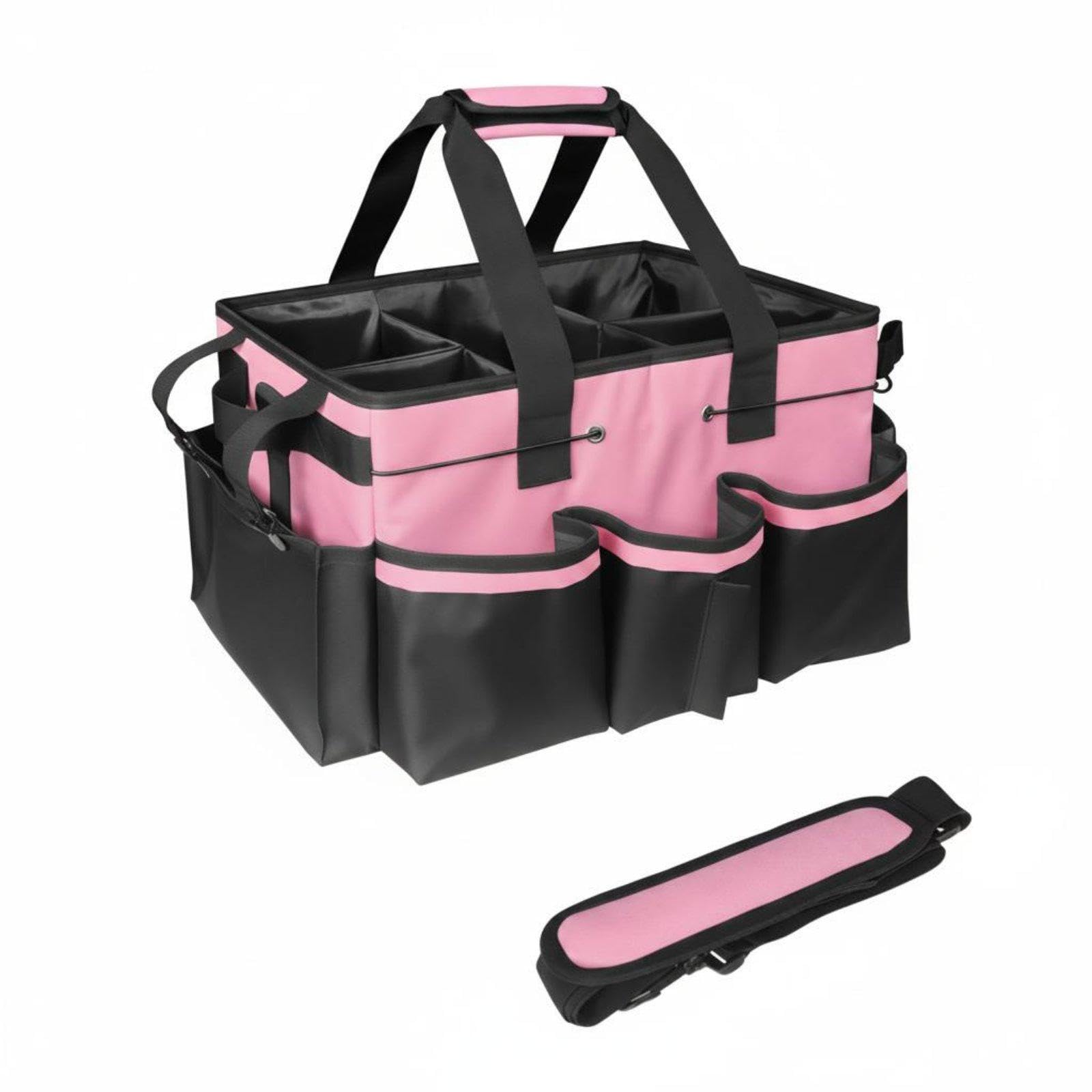 Cleaning Supply Carrier Large Capacity Multi-Compartment Tool Tote Includes Shoulder Strap Car Trunk Organizer for Technicians, Gardeners, Garden Pink-image-35