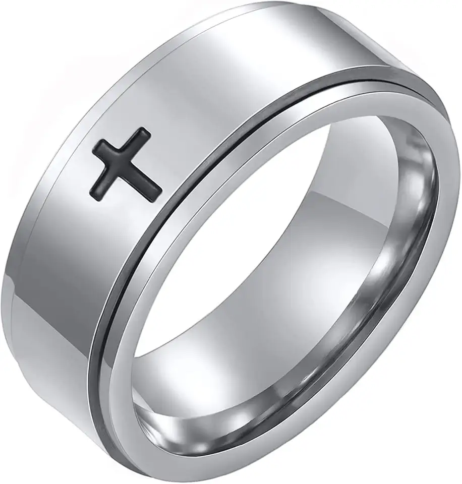 Spinner Cross Rings for Men, Silver/Black Anxiety Fidget Rings Men, Mens Rings Stainless Steel for Stress Relieving, Promise Ring for Women Size 6-12