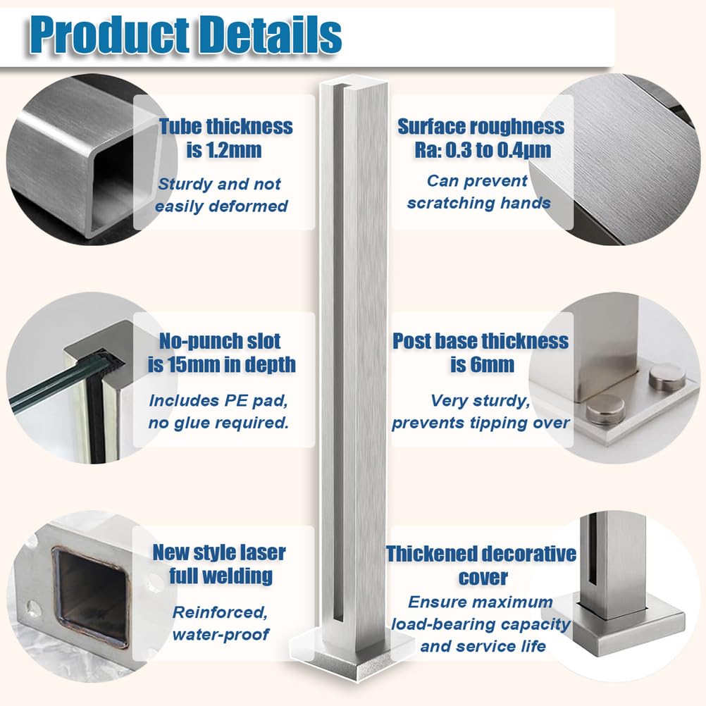 Heavy-Duty 304 Stainless Steel Glass Railing Post, 35.8 Inch No-Drill Balustrade System for Deck, Balcony, Stair, Pool Fence, Easy Installation, End/Mid/Corner Post,Silver~Corner Post,85cm