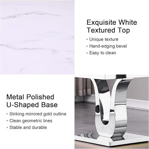 Miniatura 7 de Mesa auxiliar moderna, mesa auxiliar cuadrada de 26 pulgadas con parte superior blanca y base en U de metal espejo plateado para sala de estar,