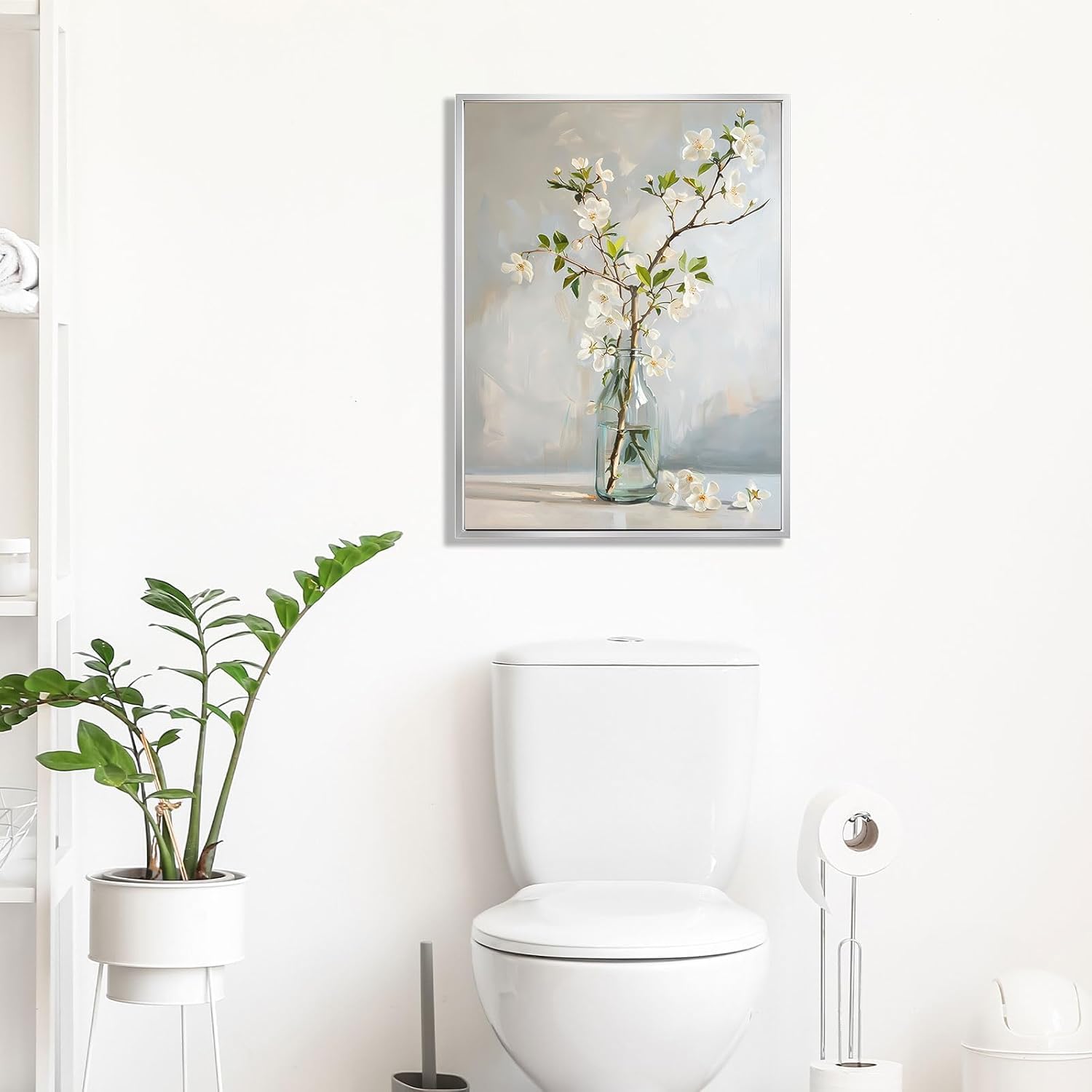 daktenn Floral Canvas Wall Art Bathroom Wall Art Pictures Wall Decor Home Decor Wall Decor for Bedroom Livingroom (Silver Framed, 18" x 24")
