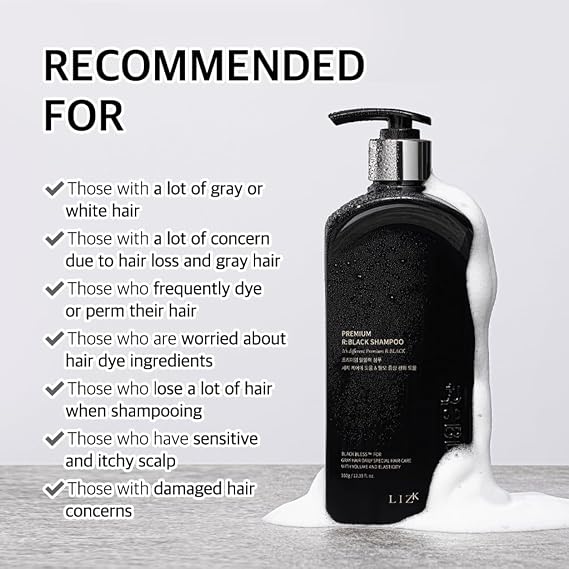 LIZK Premium R:Black Darkening Shampoo for Gray Hair, Hair Loss Prevention & Scalp Care, Daily Hair Care to Improve Volume & Elasticity (12.35 fl.oz)