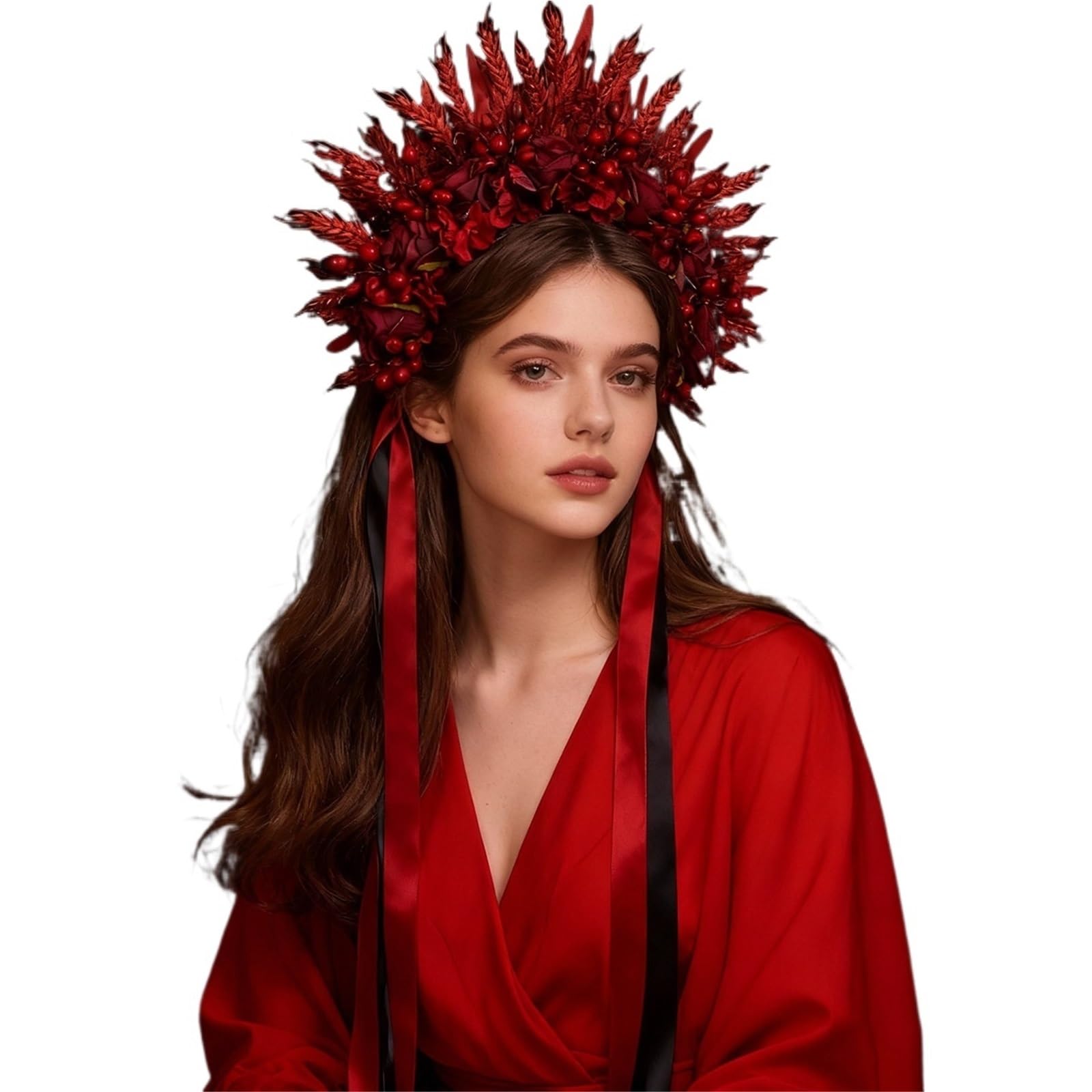 Handmade Simulated Flower Headpiece, Berry, Wheat Ear Hairpin, Headband, Integrated Long Ribbon Tassel Buckl