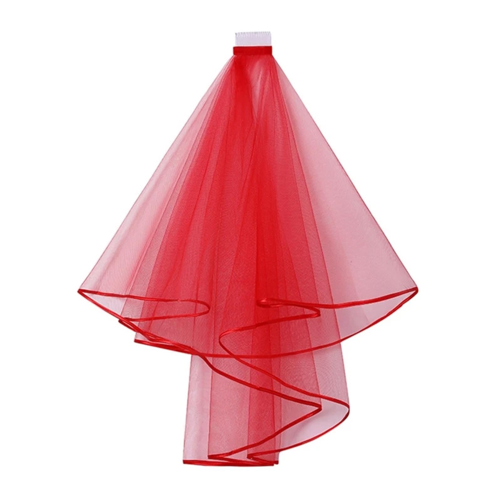 ZXGRfdefa gauze headscarf, Double Mesh Tulle Ribbon Edge Women Short Wedding Veil Comb Bride(Red)
