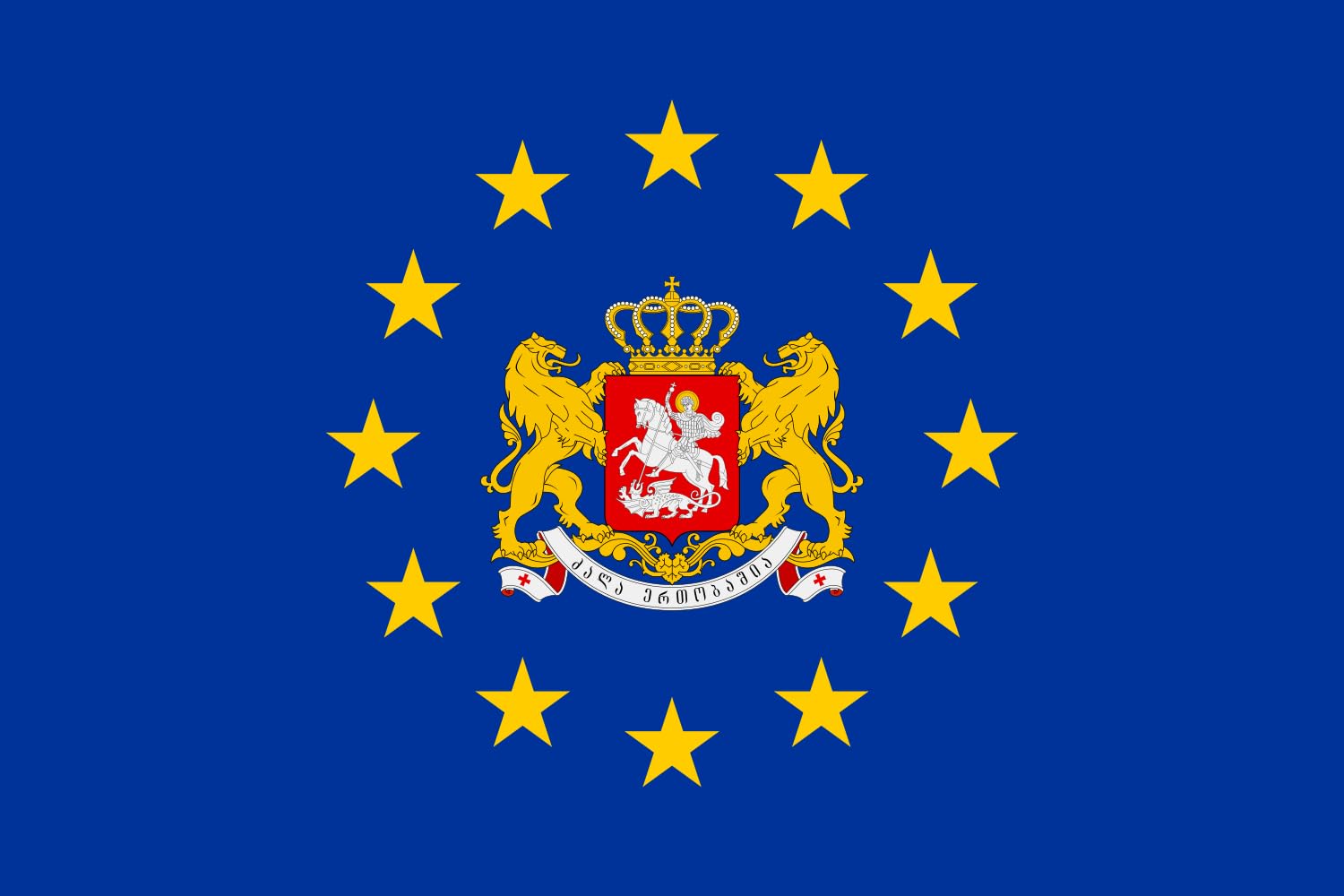 Drapeau Europe Géorgie avec armoiries grand format paysage finitions haut de gamme