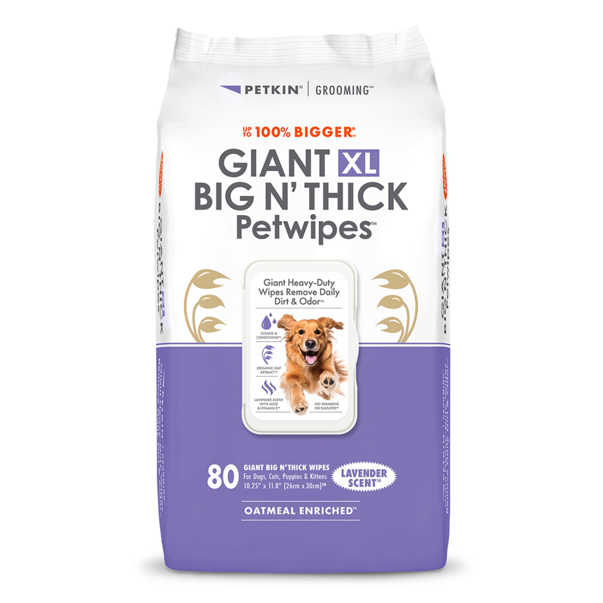 Petkin Giant XL Big N’ Thick PetWipes - 80 Wipes - Lavender Scent - Pet Wipes for Dogs and Cats - for Face, Paws, Ears, Body & Eye Area - Super Convenient Dog Cleaning Wipes