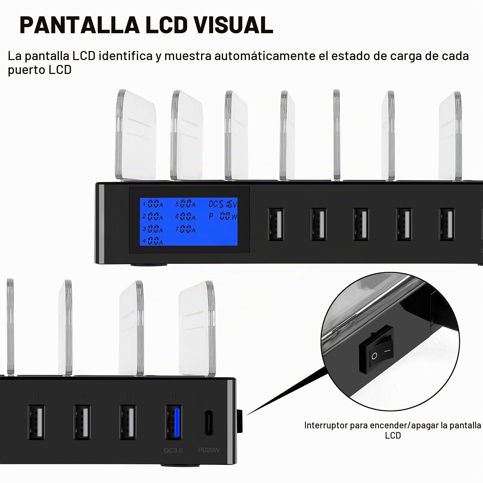 Estación de carga rápida PD20W QC3.0 con múltiples puertos USB, estación de carga 7 en 1 para múltiples dispositivos con pantalla LCD compatible para iPhone, iPad, Samsung, Huawei y más (Negro)