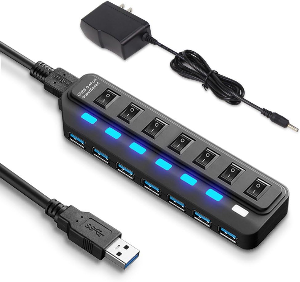 7 Port USB 3.0 Hub, MITUTEN Super Speed 7 Port USB Splitter Data Hub 3.0 Powered with AC Power Adapter Supply+ Individual On/Off Switches+1m USB Cord for Mac iMac XPS Surface Pro and Any USB Devices