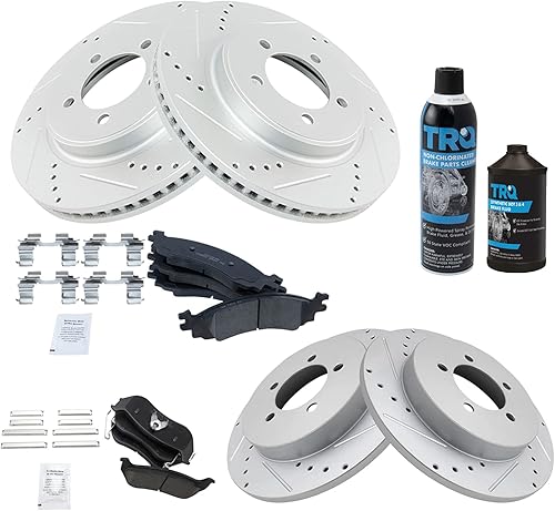 TRQ Kit de pastillas de freno y rotor delantero y trasero de cerámica de alto rendimiento con revestimiento en G ranurado X perforado compatible con