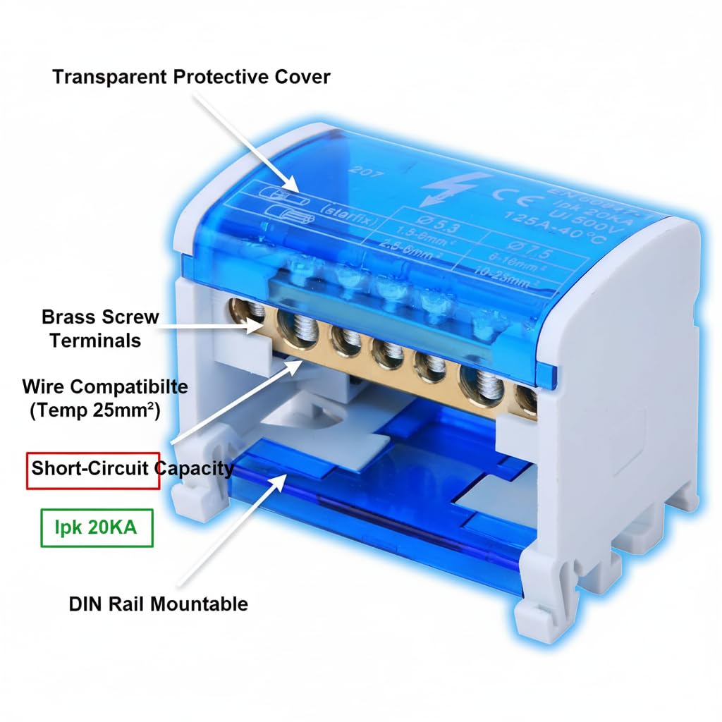 Boîte de Distribution de Bornier, Connecteur de Boîte de Distribution D'alimentation Borniers sur Rail DIN Monophasé à 2 Niveaux avec Cache anti-poussière transparent 207