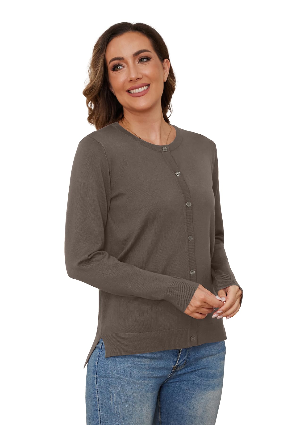 BEIGAI Chaqueta de punto ligera para mujer, monocolor, de punto, manga larga, con botones, suave, acogedora, elegante, cuello redondo, informal, chaqueta de entretiempo