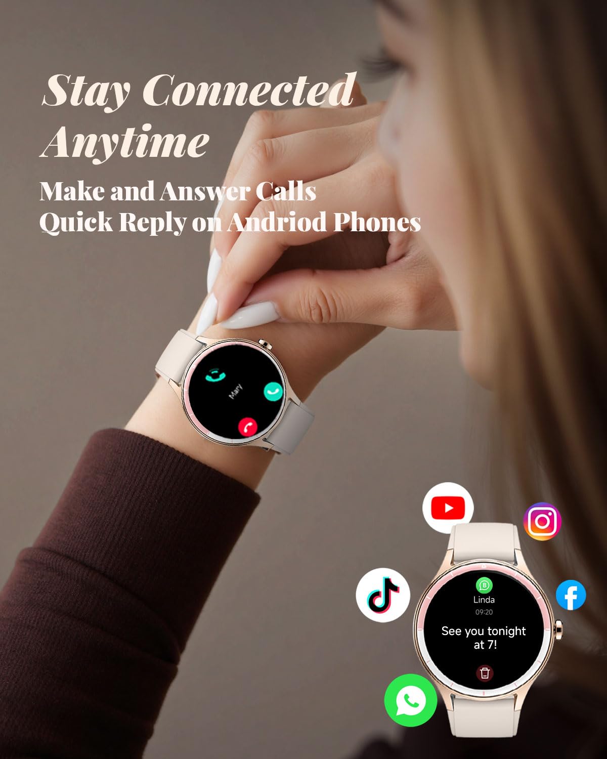 TOOBUR Smartwatch dla kobiet, smartwatch HD 40 mm, kompatybilny z systemem Android i iOS, odbieranie/nawiązywanie połączeń, zegarek fitness z monitorem kroku, kalorii / HR Tracker, IP68, wspaniały i