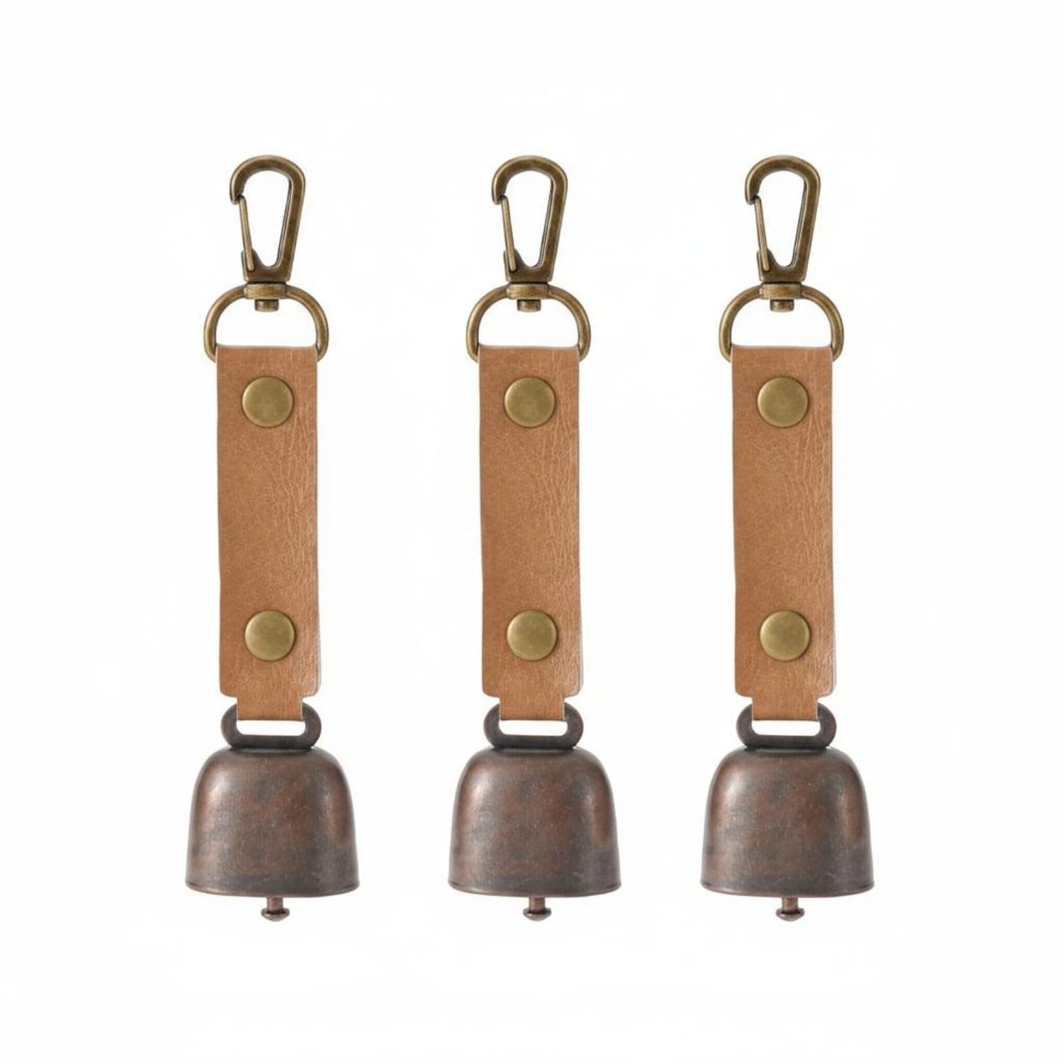 Crisp Sound Bear Bell Compact and Portable Hiking Safety Bell Vintage Design Camping Wind Chime PU Leather Strap for Hikers, Campers, Backpacking, Caramel, 3 Pack Vintage Metal-picture-15