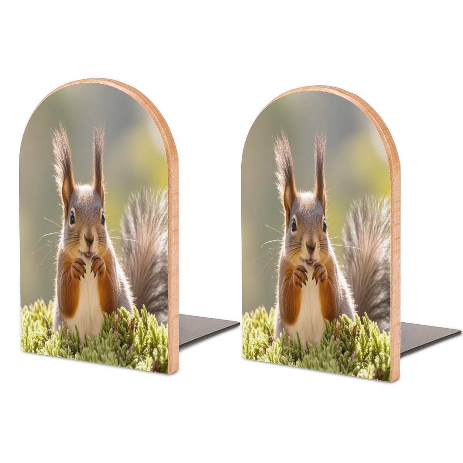 Squirrel Funny Animal Bookend Non-Skid Wooden Bookends for Shelves Heavy Duty Wood Book Ends Decorative Book Stopper Book Stand Non-Slip Book Organizer for Home Office Library
