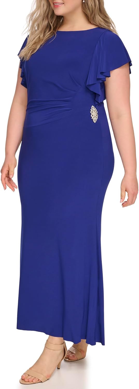 Jessica Howard Womens Ruched Flutter Sleeve Boat Neck Maxi Gown - Image 2