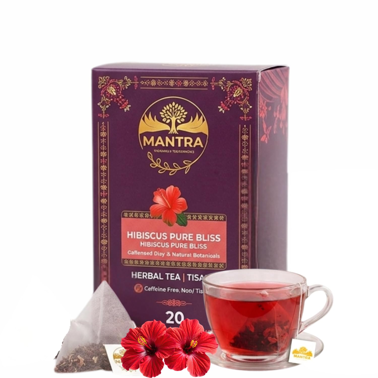 Mantra Hibiscus Pure Bliss Herbal Tea | 100% Dried Hibiscus Flowers for Blood Pressure, Heart Health & Glowing Skin | Vitamin C & Antioxidant-Rich | Caffeine-Free | 40 Pyramid Tea Bags