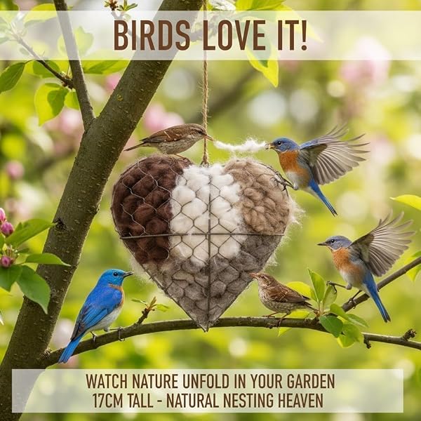 PZCC Nistmaterial für Vögel,Zupfherz aus Alpakafaser,Handgefertigtes Nistherz mit nachfüllbarem Nestmaterial,Ideal für Wildvögel & Gartenvögel,als Gartendekoration - 2