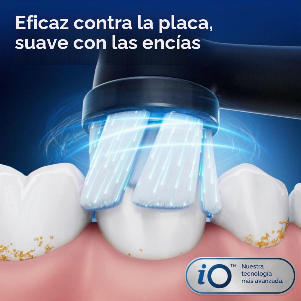 Oral-B iO Series 2 - Kit de inicio de cepillo de dientes eléctrico recargable, color negro noche con 2 cabezales de cepillo, sensor de presión automático para proteger las encías, 3 modos,
