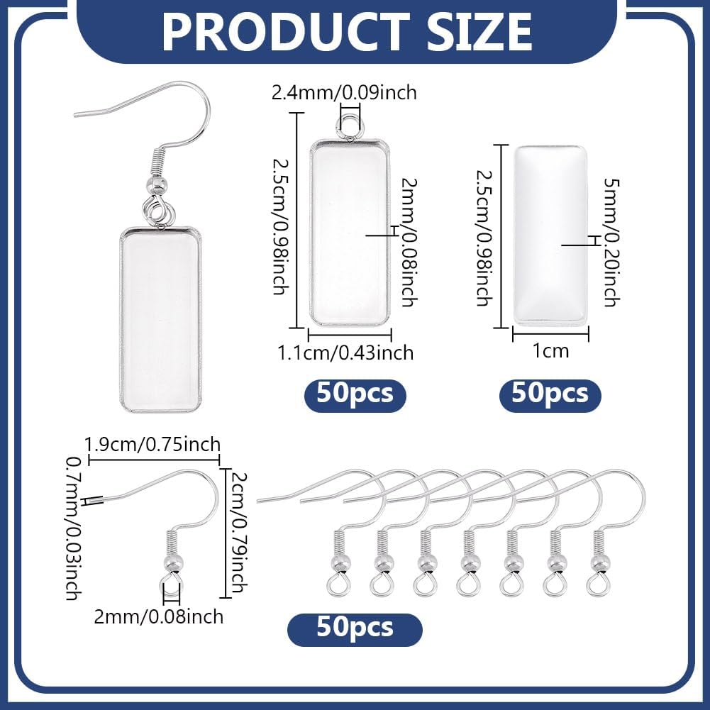 UNICRAFTALE 50 Sets Stainless Steel Earring Wire Hooks with Blank Rectangle Pendant Trays Cabochon Earring Settings Metal Bezels and Earrings Hooks Earrings Blanks for Jewelry Making Tray 10x25mm - Image 3