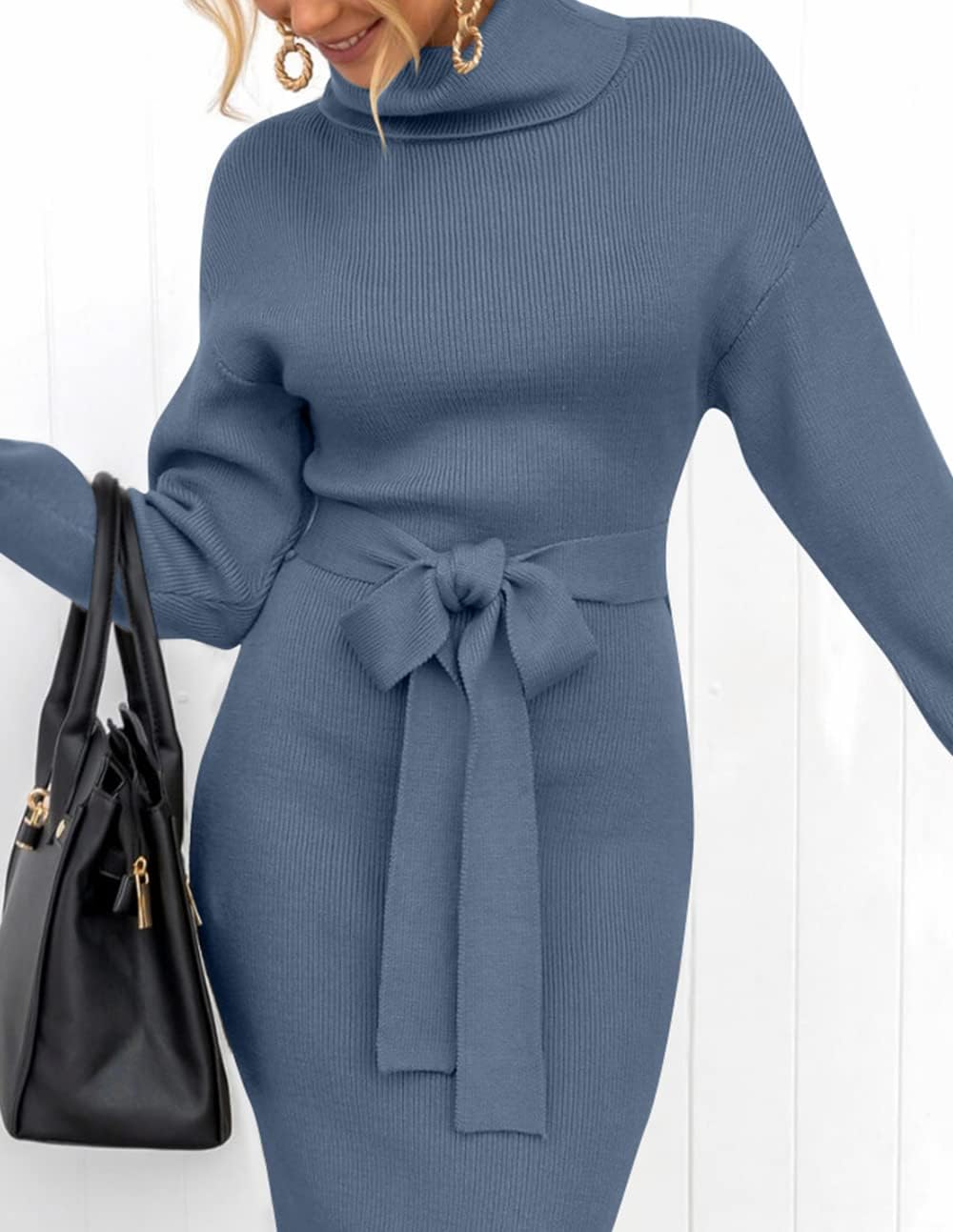 ZESICA Women's Turtleneck Sweater Midi Dress Long Sleeve Ribbed Knit Bodycon Slit Dress with Belt - Image 7