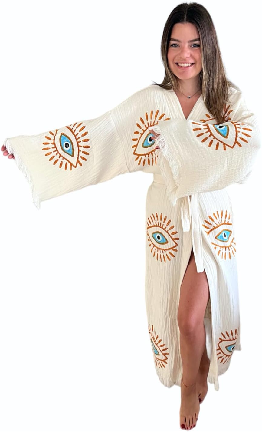 Handmade Evil Eye Kimono - Women Beach Cover Up - Festival Bohemian Robe - Boho Cotton Cardigan - Dressing Gown - Image 3